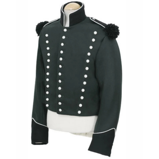Front view of a 95th Rifles enlisted man’s tunic featuring a historic British military design, dark green fabric, and period-style details.