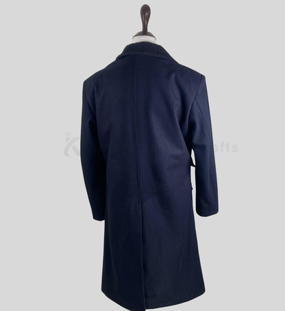 Men’s Dark Blue Wool Long Overcoat | Classic Chesterfield Style Winter Coat