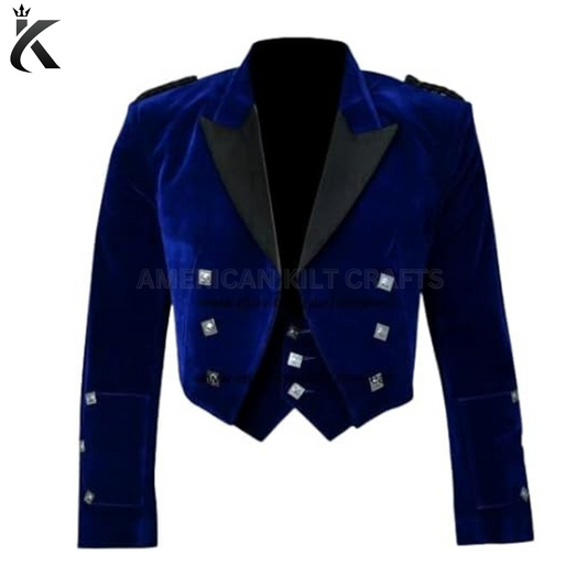 Scottish Traditional Premium Quality Blue Velvet Prince Charlie Kilt Jacket With Waistcoat