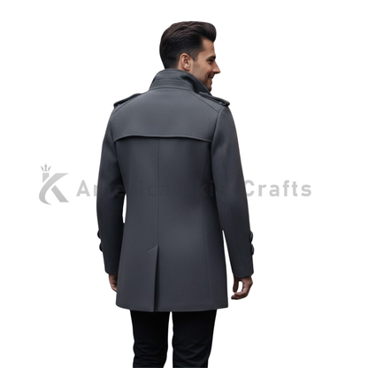 Back Angled View of Men’s Grey Wool Blend Overcoat – Elegant Double Breasted Coat