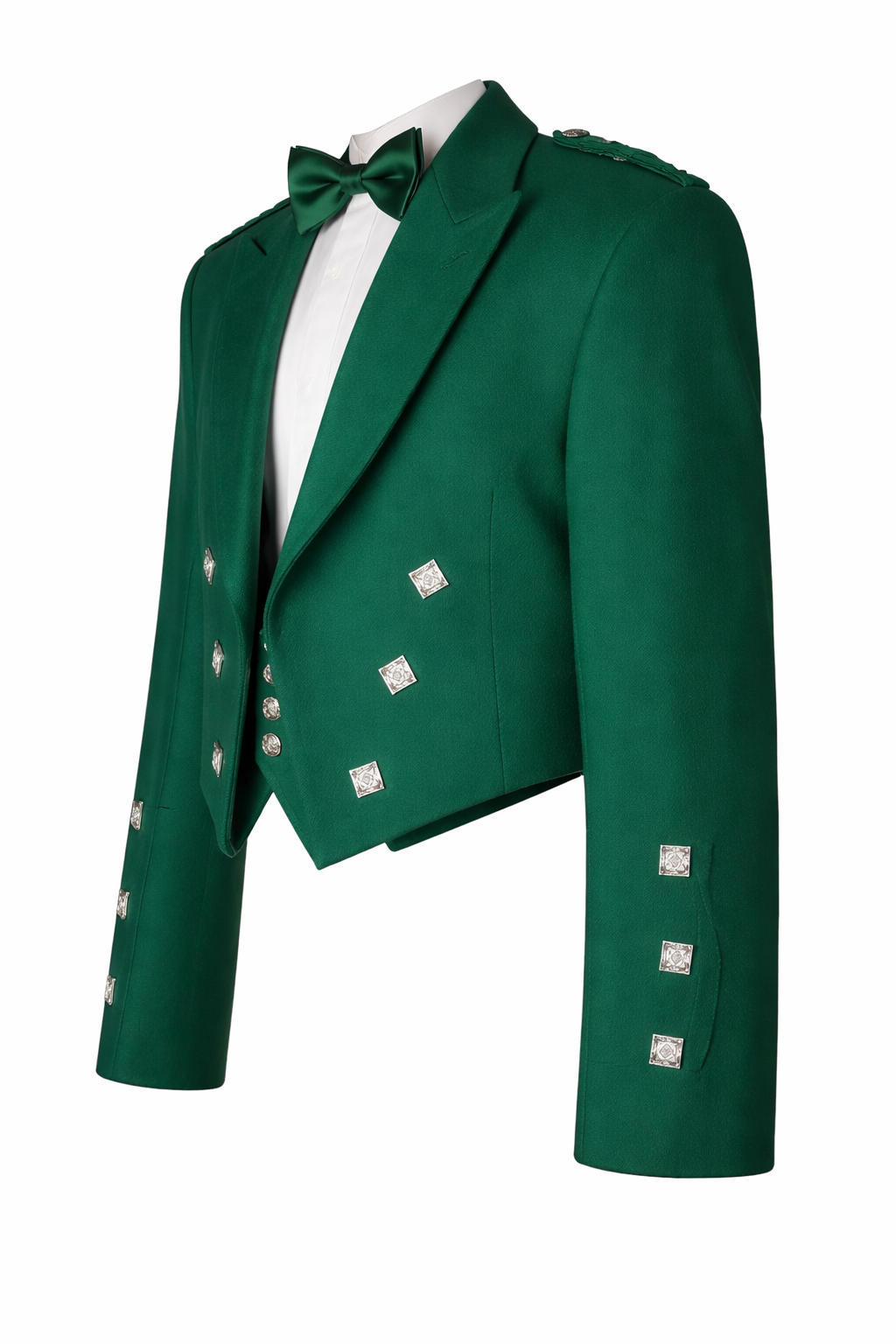 Side view of men’s premium green Prince Charlie jacket with matching waistcoat showing tailored fit, notch lapels, and decorative buttons
