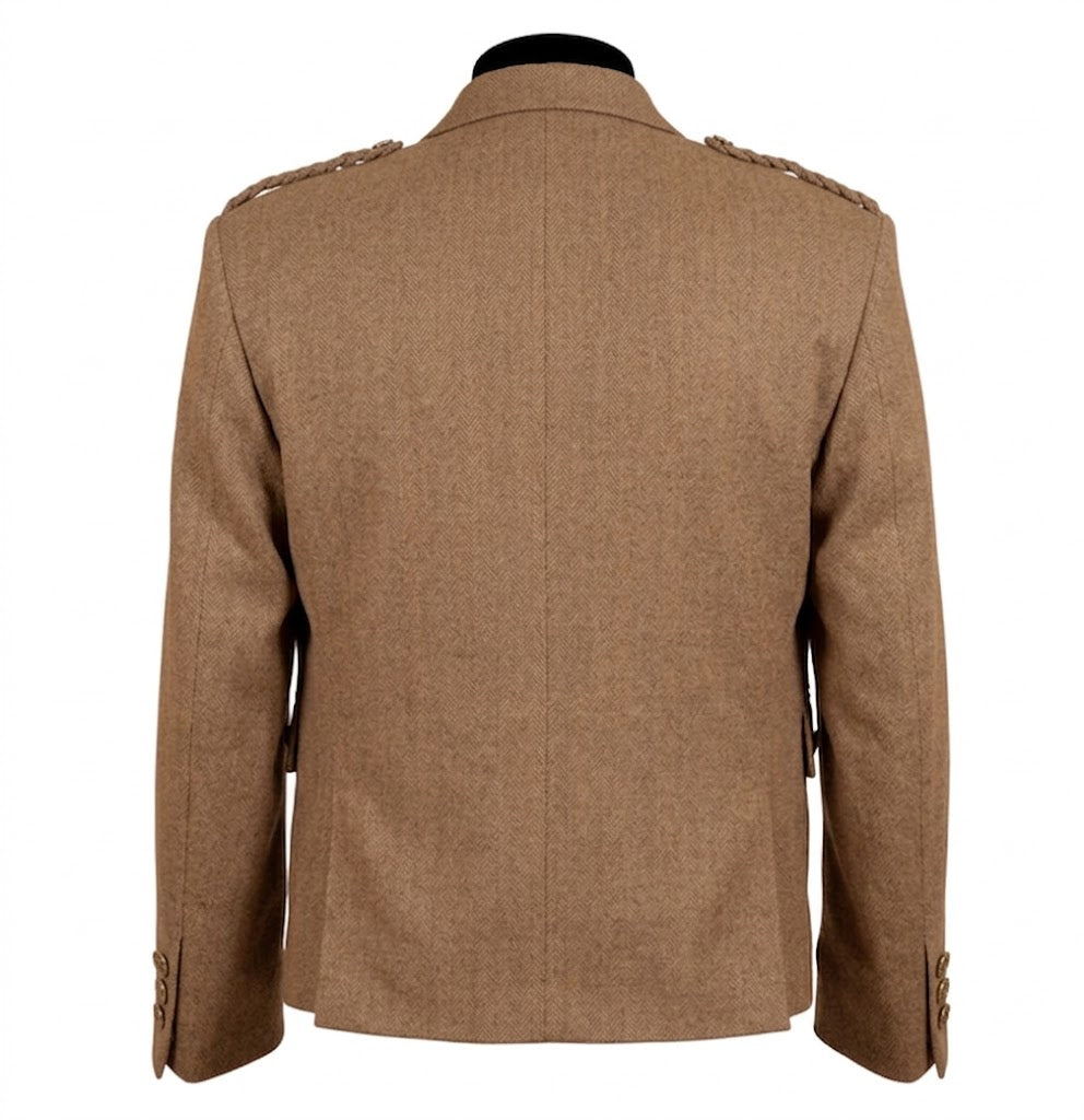 Back view of men’s  tweed kilt jacket showing structured fit and classic Scottish Highland design
