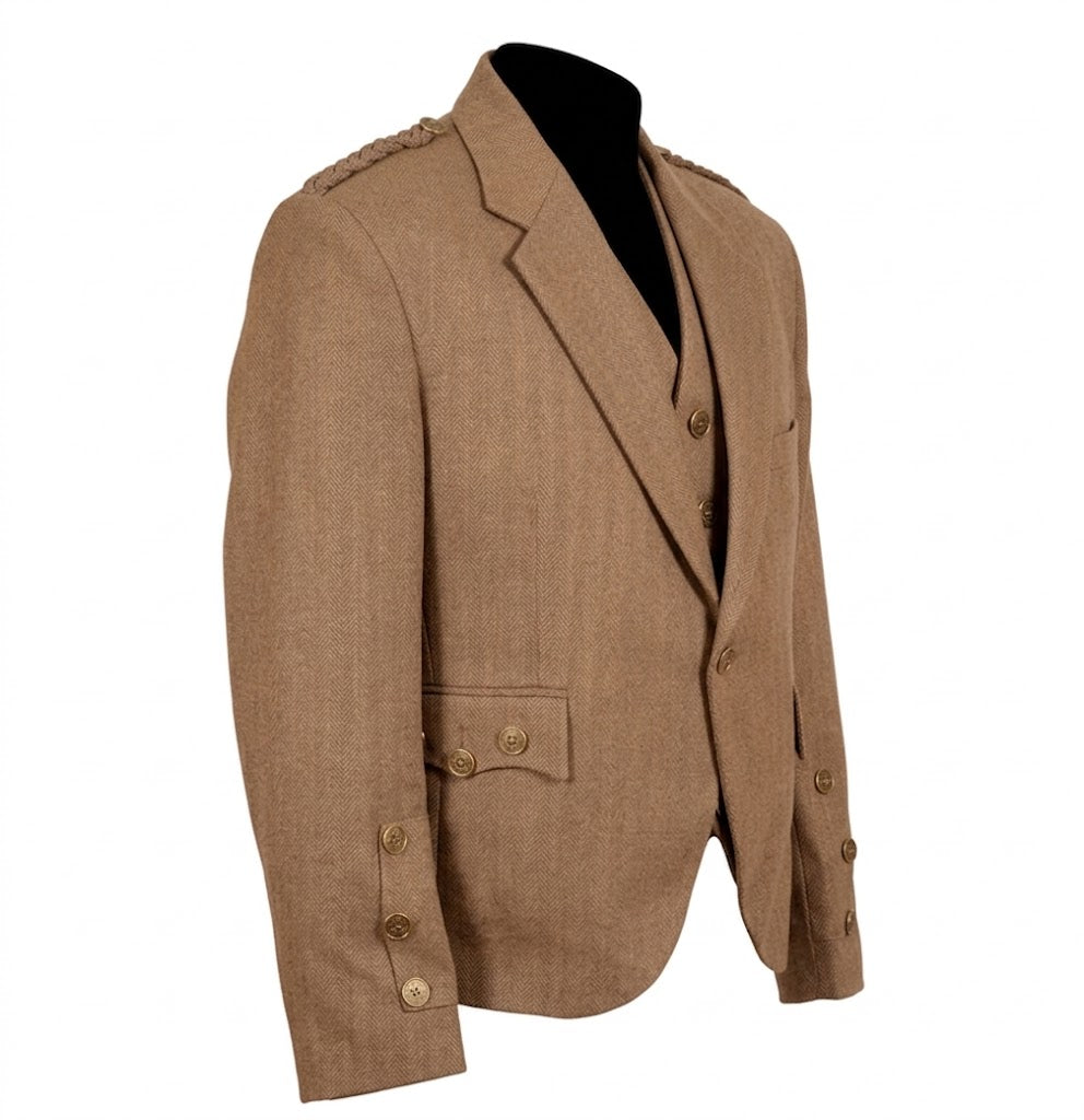 Side view of Gold Brown tweed kilt jacket highlighting elegant tailored silhouette and formal Scottish style
