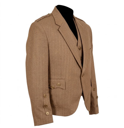 Side view of Gold Brown tweed kilt jacket highlighting elegant tailored silhouette and formal Scottish style