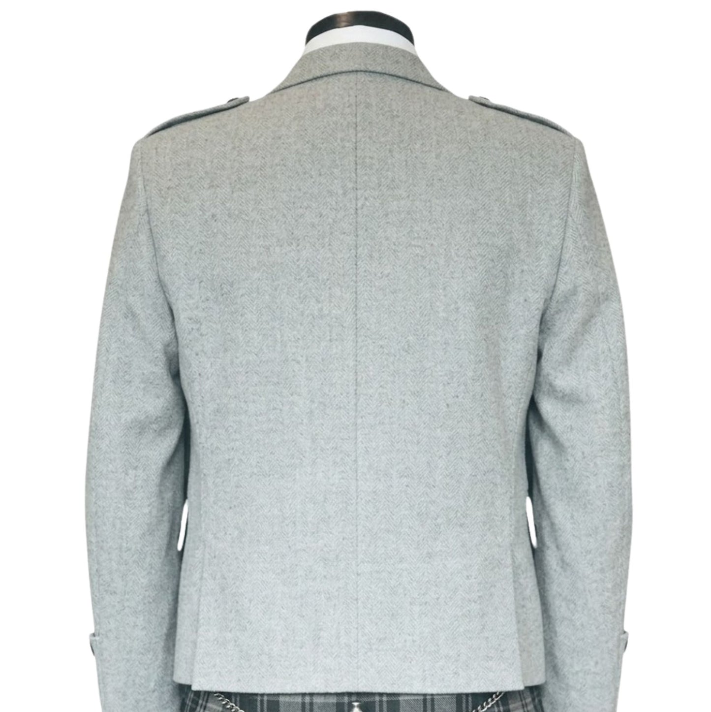 Back view of men’s Argyll tweed kilt jacket showing structured fit and classic Scottish Highland style