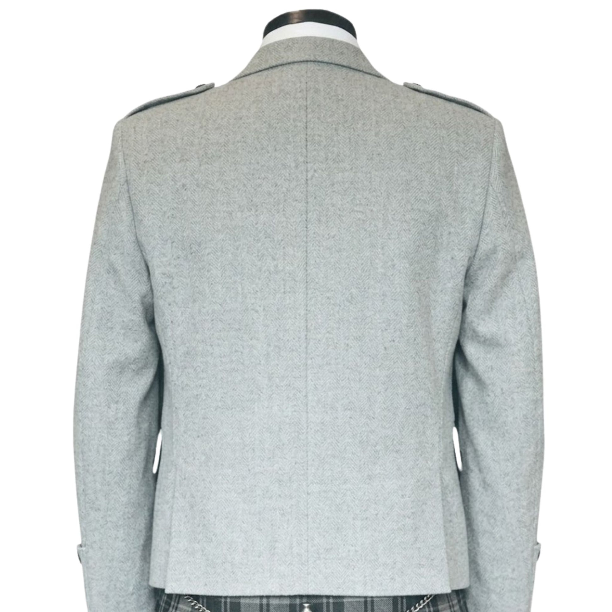 Back view of men’s Argyll tweed kilt jacket showing structured fit and classic Scottish Highland style