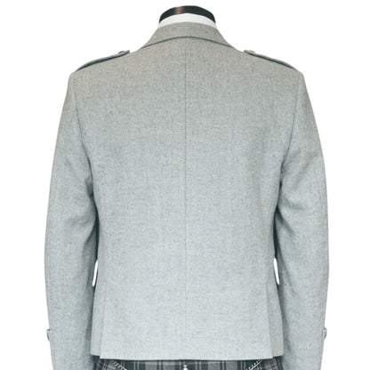 Back view of men’s Argyll tweed kilt jacket showing structured fit and classic Scottish Highland style