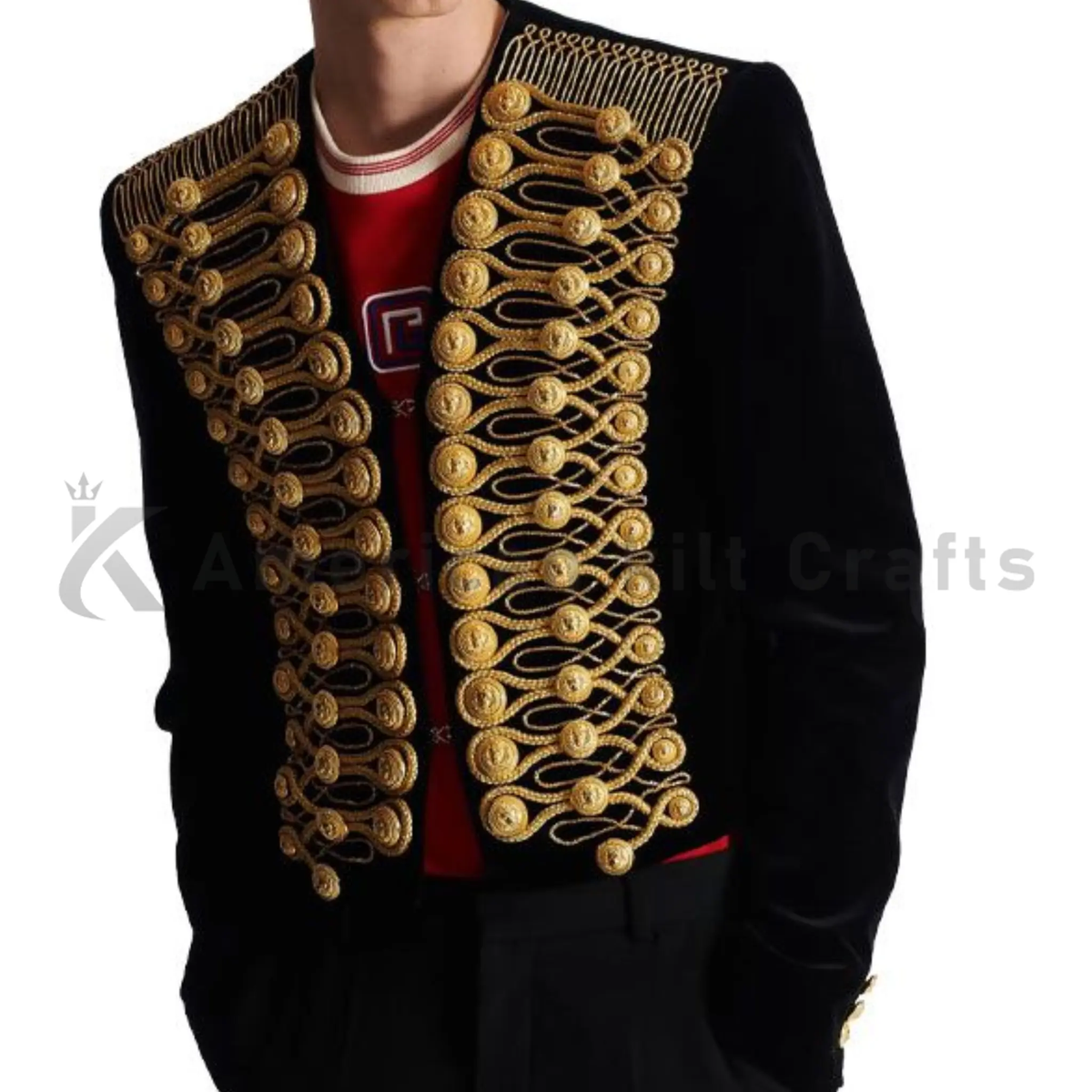 Model wearing men’s Brandenburg military jacket with ornate gold embroidery and braiding, showcasing the tailored fit and ceremonial officer style.