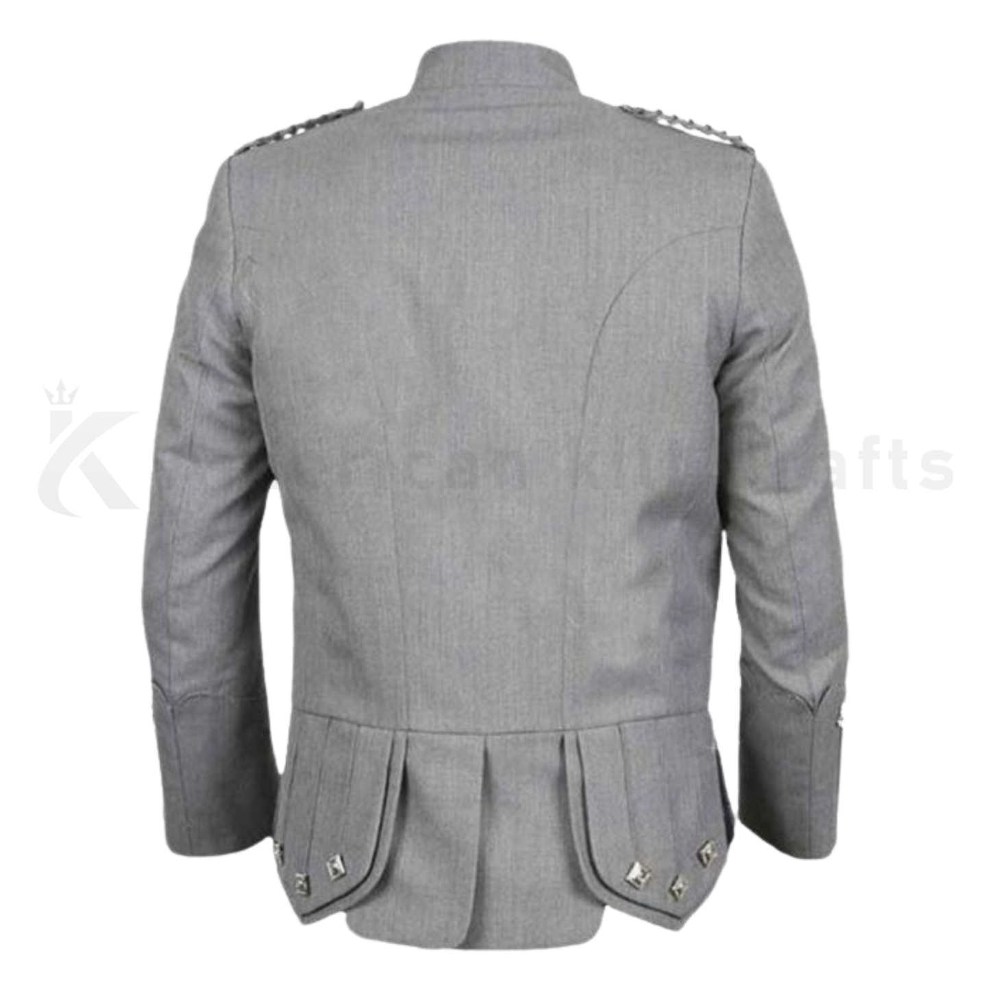 Grey Prince Charlie formal jacket with matching waistcoat for men’s Scottish wedding, kilt outfit, and Highland dress.