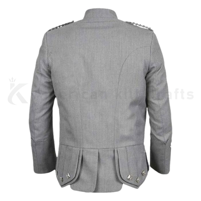Grey Prince Charlie formal jacket with matching waistcoat for men’s Scottish wedding, kilt outfit, and Highland dress.