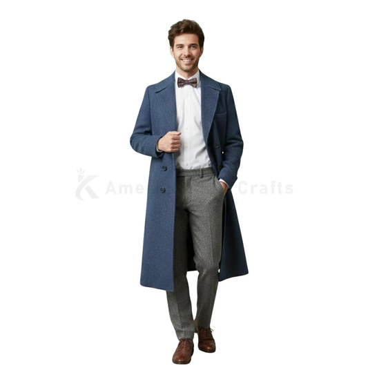 Front view of a men’s 14th Doctor Who blue wool trench coat featuring a double-breasted front, long overcoat silhouette and vintage sci-fi cosplay styling.