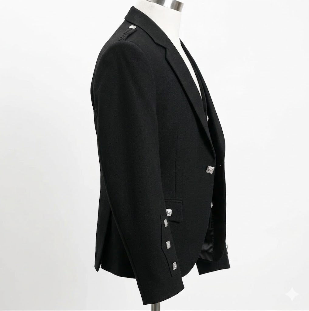 Side view of Scottish Argyll Black Kilt Jacket with Vest – Traditional Highland Outfit, Unisex