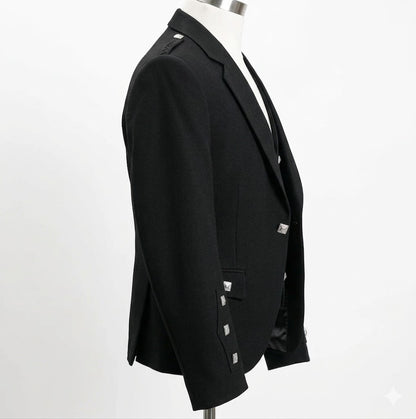 Side view of Scottish Argyll Black Kilt Jacket with Vest – Traditional Highland Outfit, Unisex