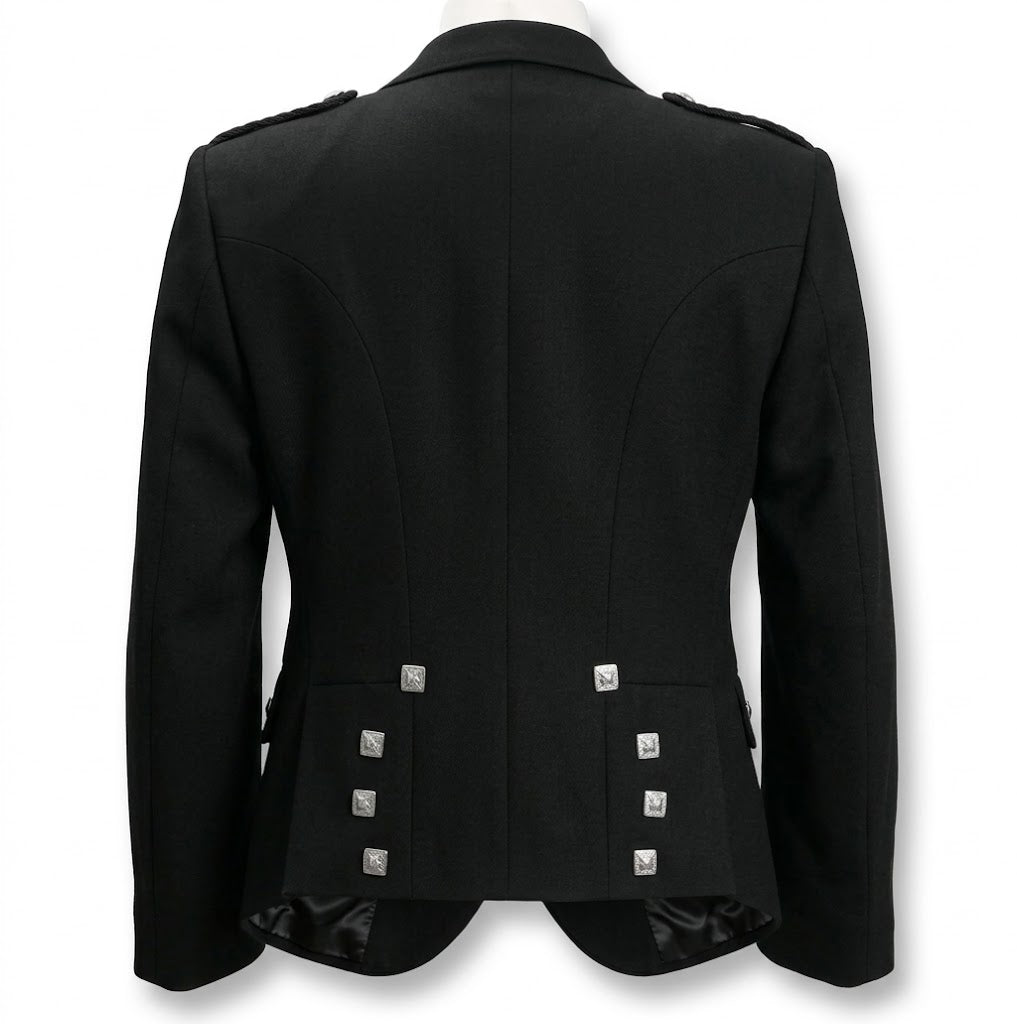 Back view of Black Argyll Kilt Jacket & Vest – Custom Tailored Kilt Vest, Luxury Highland Outfit