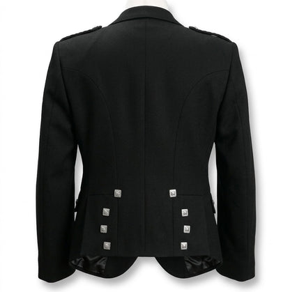 Back view of Black Argyll Kilt Jacket & Vest – Custom Tailored Kilt Vest, Luxury Highland Outfit