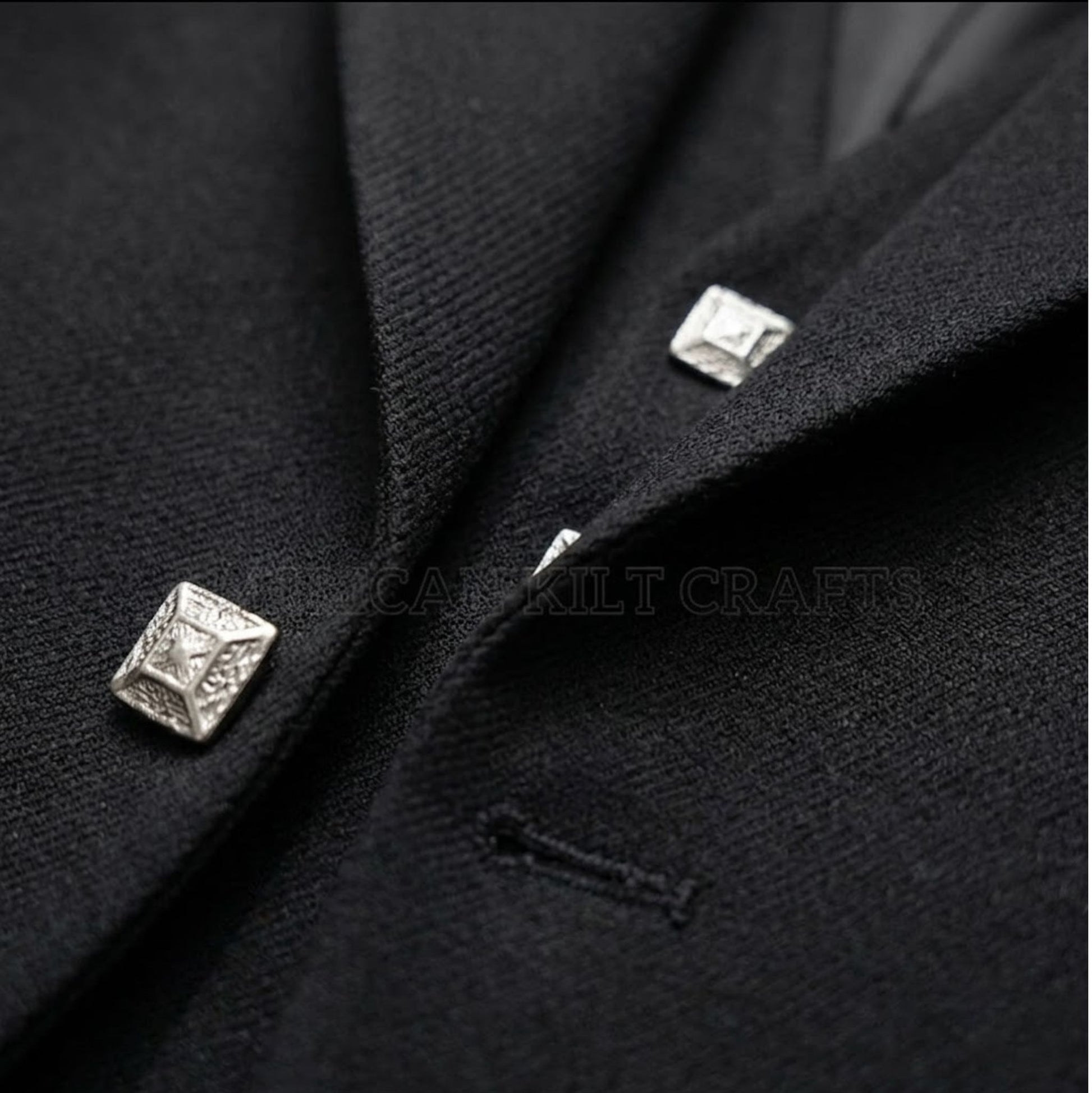 Close-up of buttons and lapel on Premium Argyll Black Kilt Jacket – Custom Tailored Kilt Vest, Scottish formal wear
