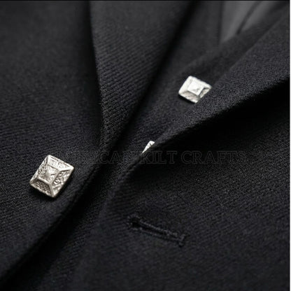 Close-up of buttons and lapel on Premium Argyll Black Kilt Jacket – Custom Tailored Kilt Vest, Scottish formal wear