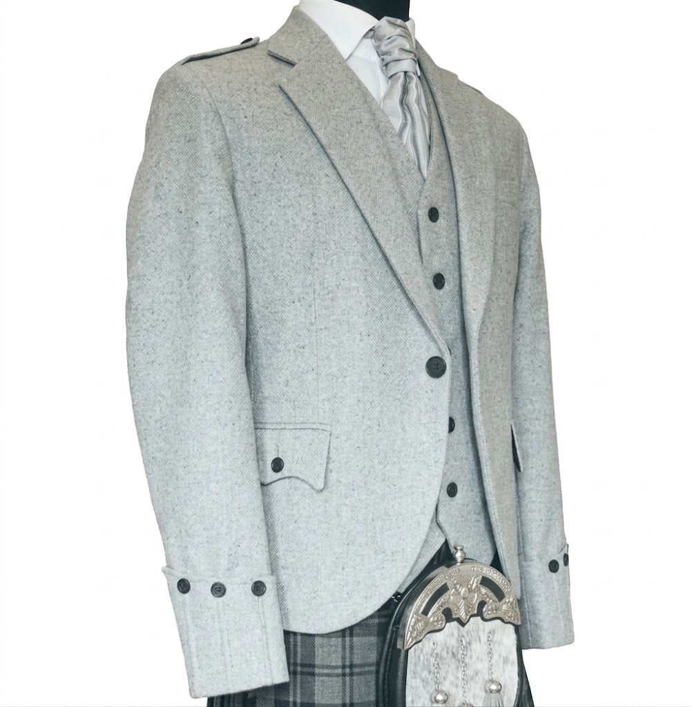 Side view of premium Argyll tweed kilt jacket highlighting tailored silhouette and formal Highland design