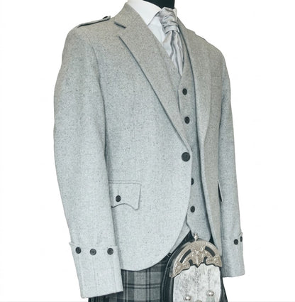 Side view of premium Argyll tweed kilt jacket highlighting tailored silhouette and formal Highland design