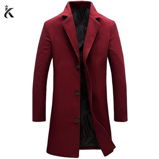 Mens Red Long Overcoat - Vintage Long Trench Coat for Men - Mens Business Casual Slim Fit Coat - Windbreak Winter Outwear Wool Coat