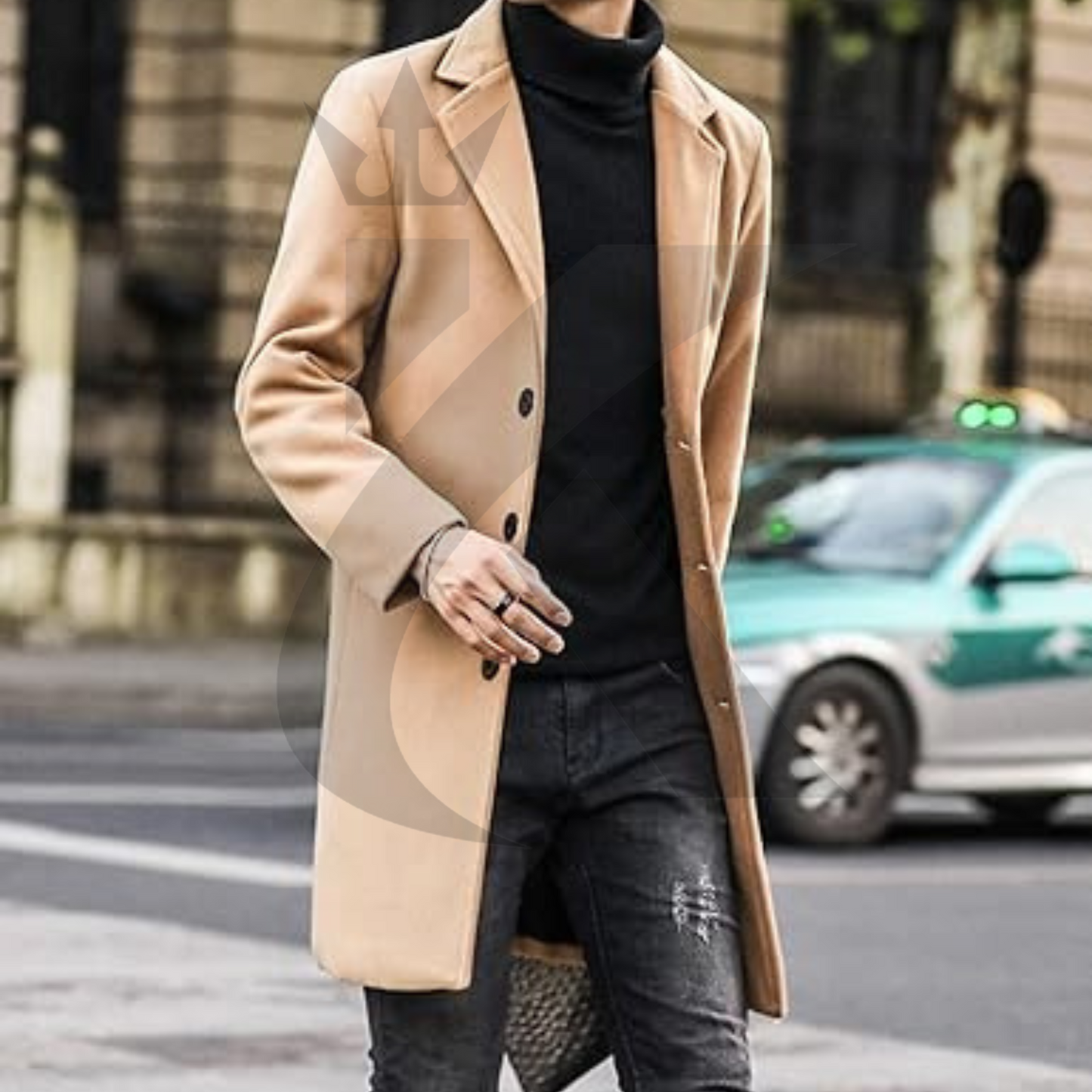 Mens Khaki Long Overcoat - Vintage Long Trench Coat for Men - Mens Business Casual Slim Fit Coat - Windbreak Winter Outwear Wool Coat