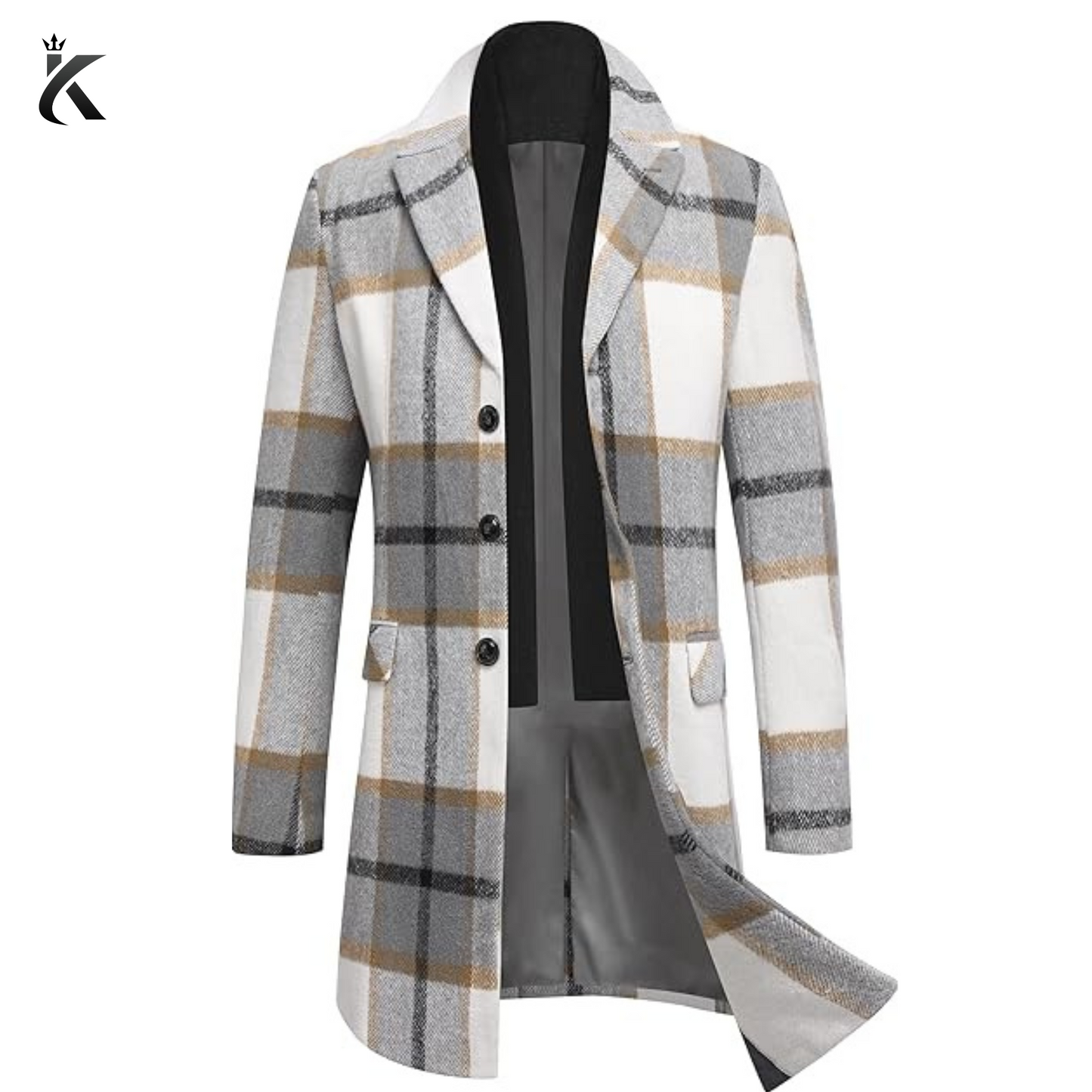 Men's Wool Blend Coat with Detachable Plaid Scarfs Notched Collar Single Breasted Pea Coat - Trench Overcoat