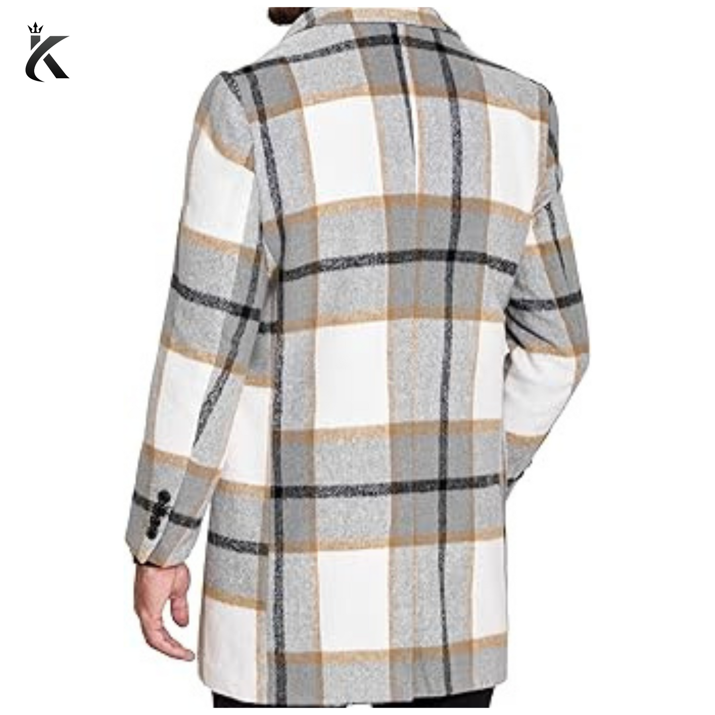 Men's Wool Blend Coat with Detachable Plaid Scarfs Notched Collar Single Breasted Pea Coat - Trench Overcoat