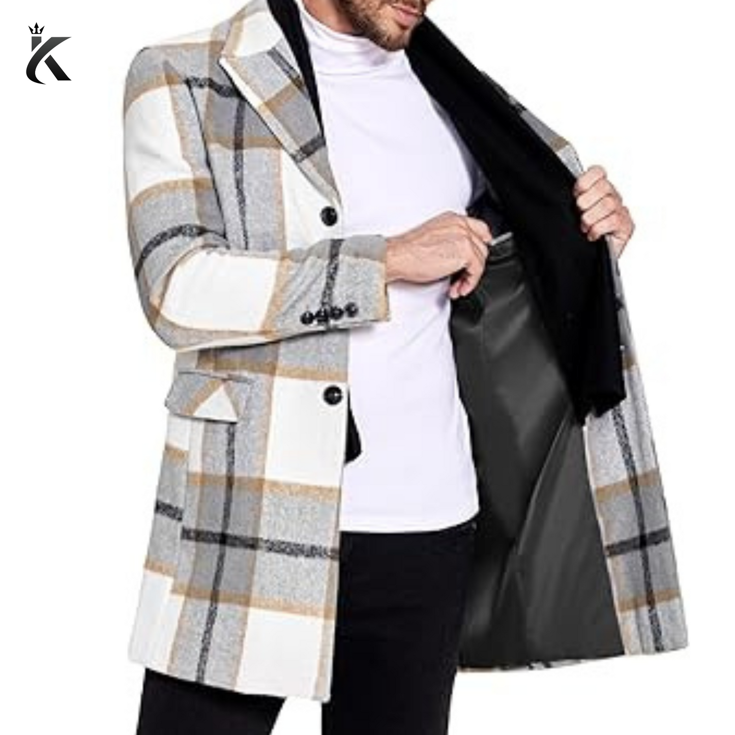 Men's Wool Blend Coat with Detachable Plaid Scarfs Notched Collar Single Breasted Pea Coat - Trench Overcoat