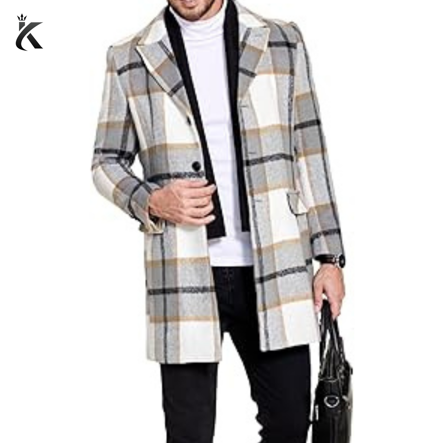 Men's Wool Blend Coat with Detachable Plaid Scarfs Notched Collar Single Breasted Pea Coat - Trench Overcoat