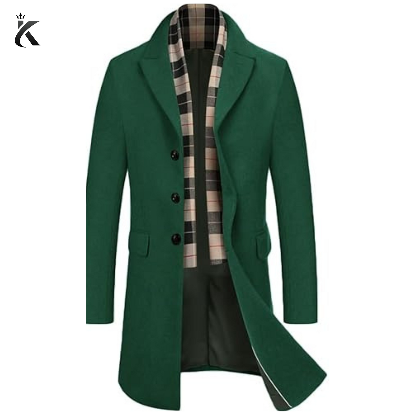 Men's Green Wool Blend Coat with Detachable Plaid Scarfs Notched Collar Single Breasted Pea Coat - Trench Overcoat