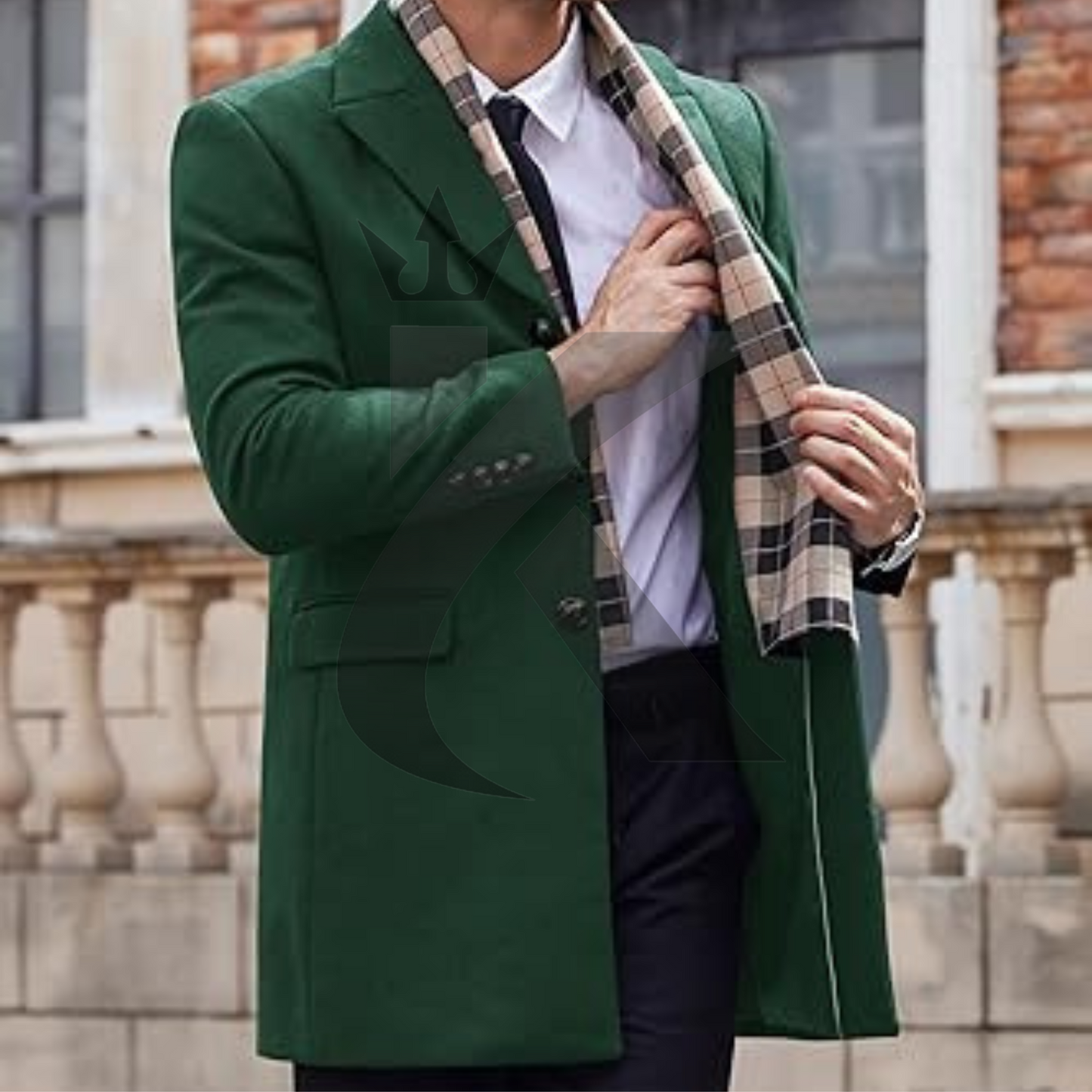 Men's Green Wool Blend Coat with Detachable Plaid Scarfs Notched Collar Single Breasted Pea Coat - Trench Overcoat