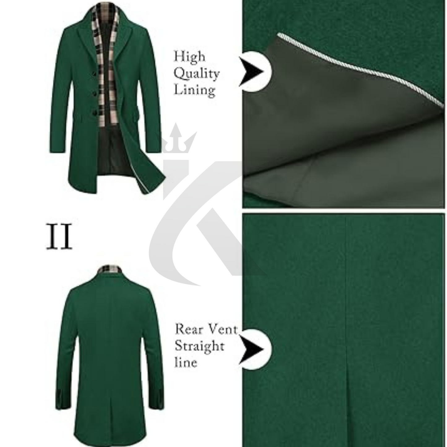 Men's Green Wool Blend Coat with Detachable Plaid Scarfs Notched Collar Single Breasted Pea Coat - Trench Overcoat