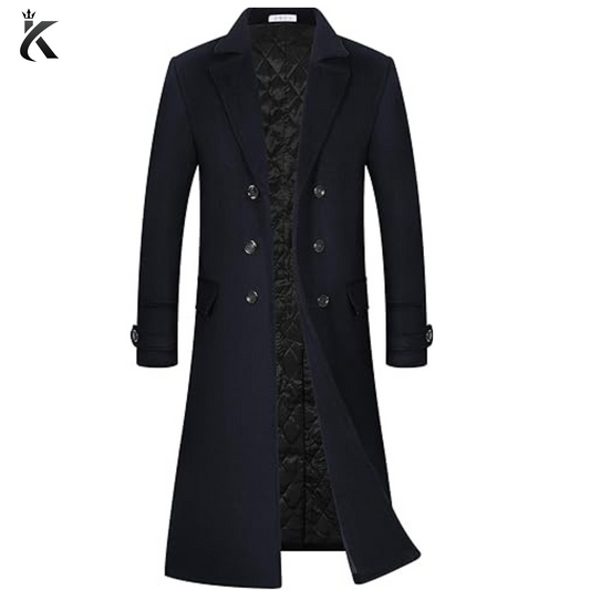 Men's Luxury Full Length Navy Blue Trench Coat Long Wool Overcoat Winter Windbreaker