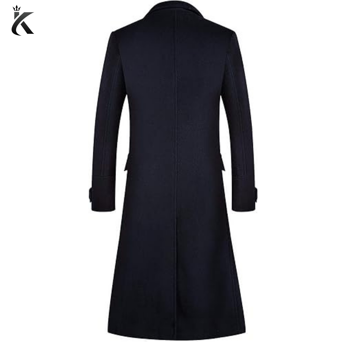 Men's Luxury Full Length Navy Blue Trench Coat Long Wool Overcoat Winter Windbreaker