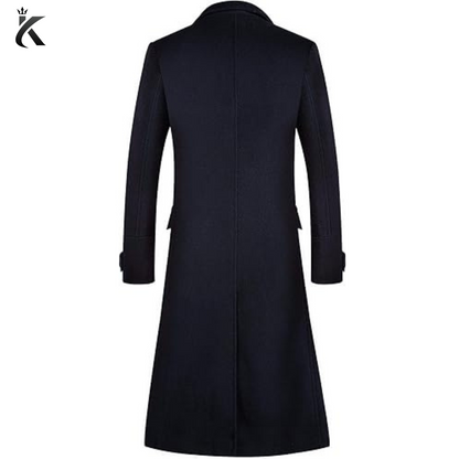 Men's Luxury Full Length Navy Blue Trench Coat Long Wool Overcoat Winter Windbreaker
