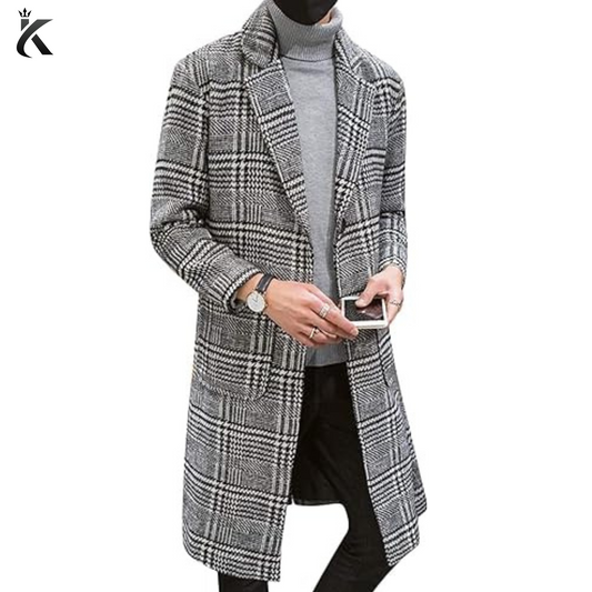 Men's Wool Trench Coat Single Breasted Plaid Mid Long Peacoat Pea Coats - Gray Long Overcoat