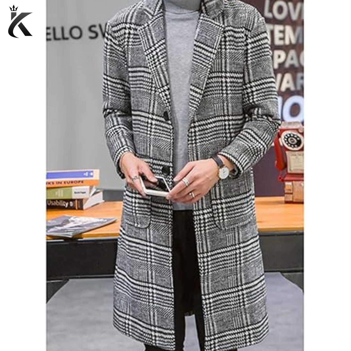 Men's Wool Trench Coat Single Breasted Plaid Mid Long Peacoat Pea Coats - Gray Long Overcoat