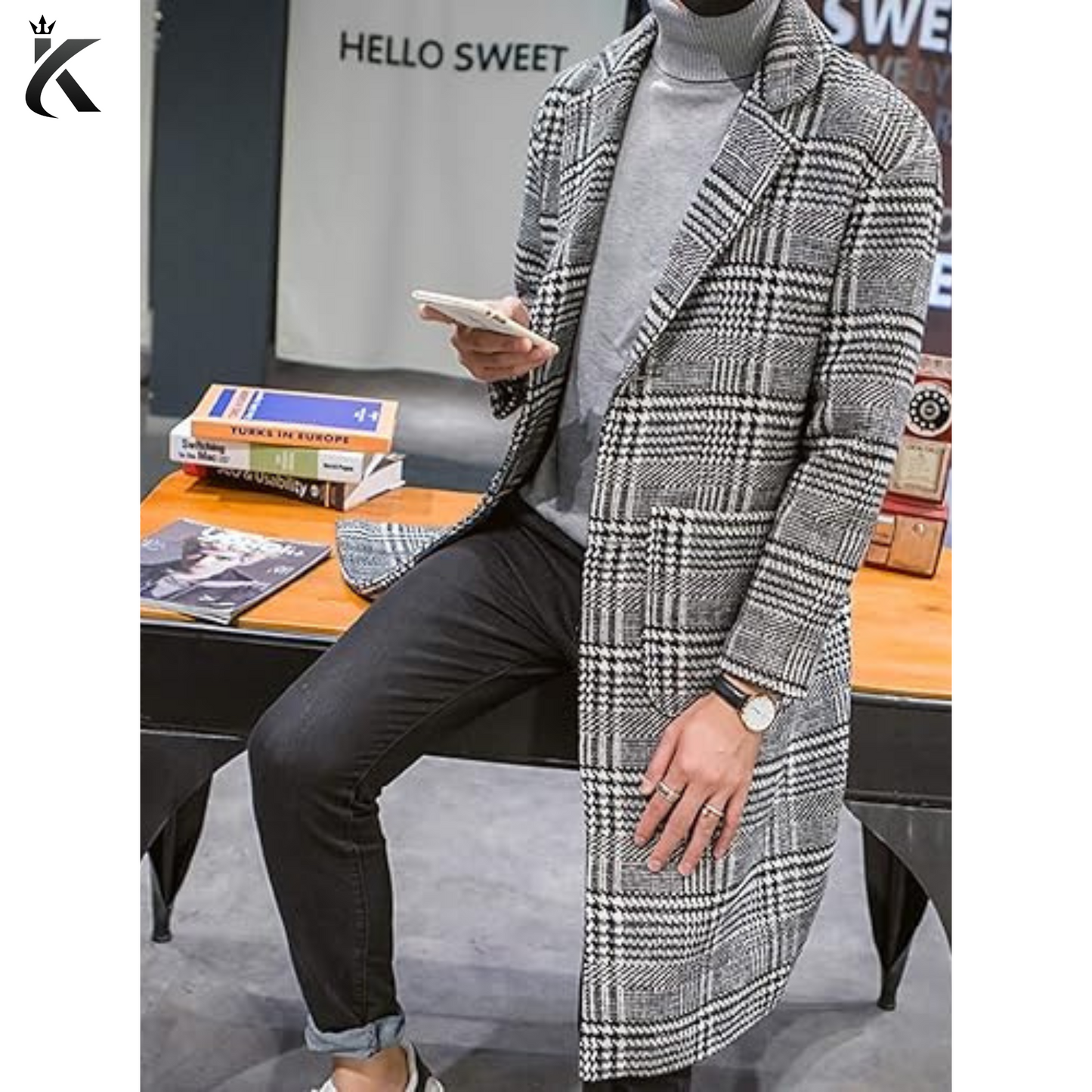 Men's Wool Trench Coat Single Breasted Plaid Mid Long Peacoat Pea Coats - Gray Long Overcoat