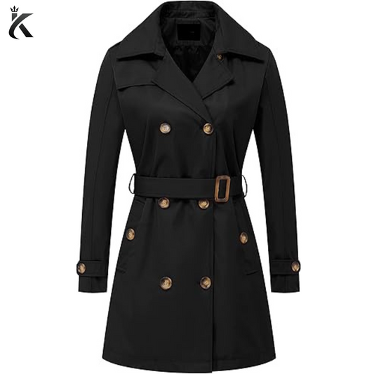 Women's Black Double Breasted Trench Coats Mid-Length Belted Overcoat Long Dress Jacket with Detachable Hood