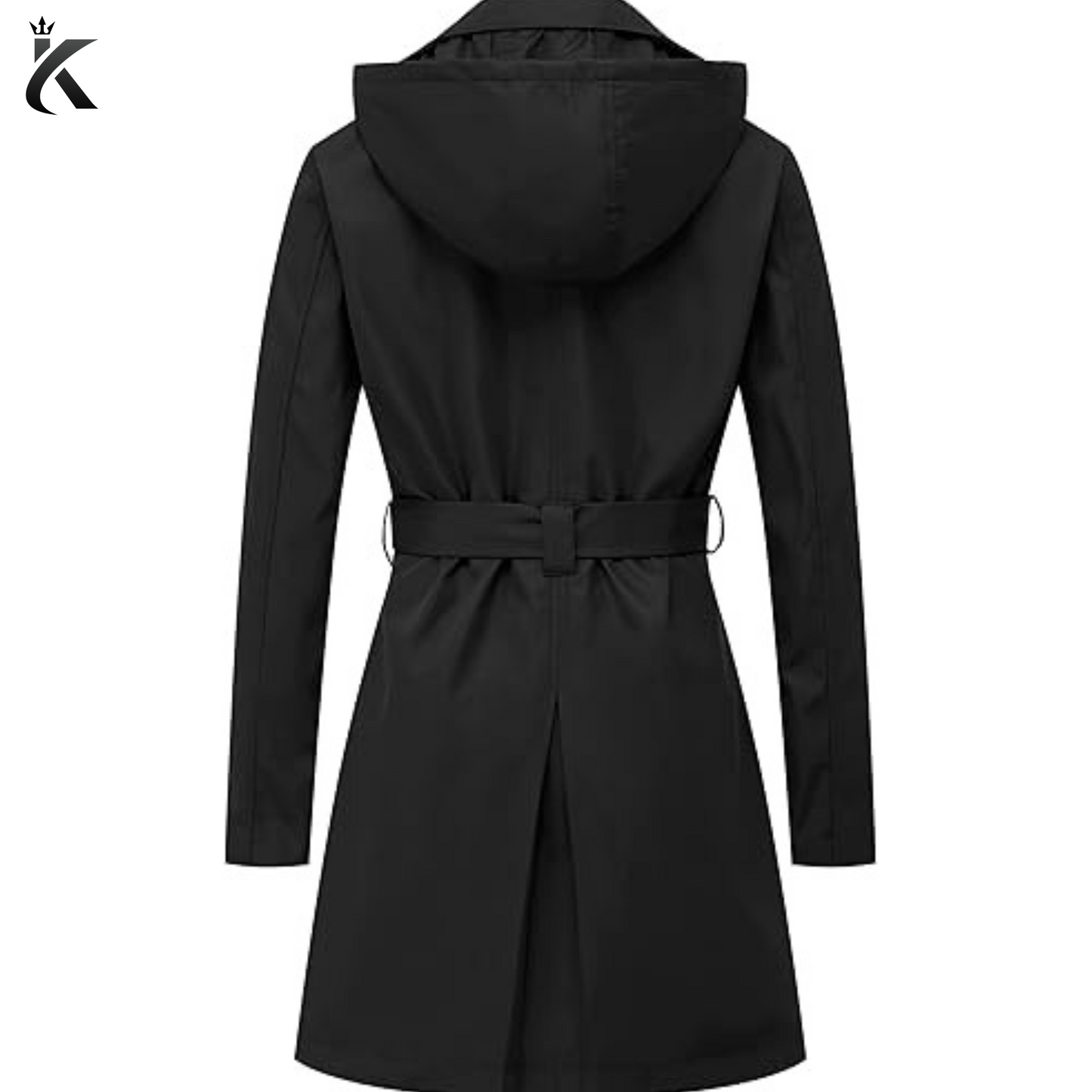 Women's Black Double Breasted Trench Coats Mid-Length Belted Overcoat Long Dress Jacket with Detachable Hood