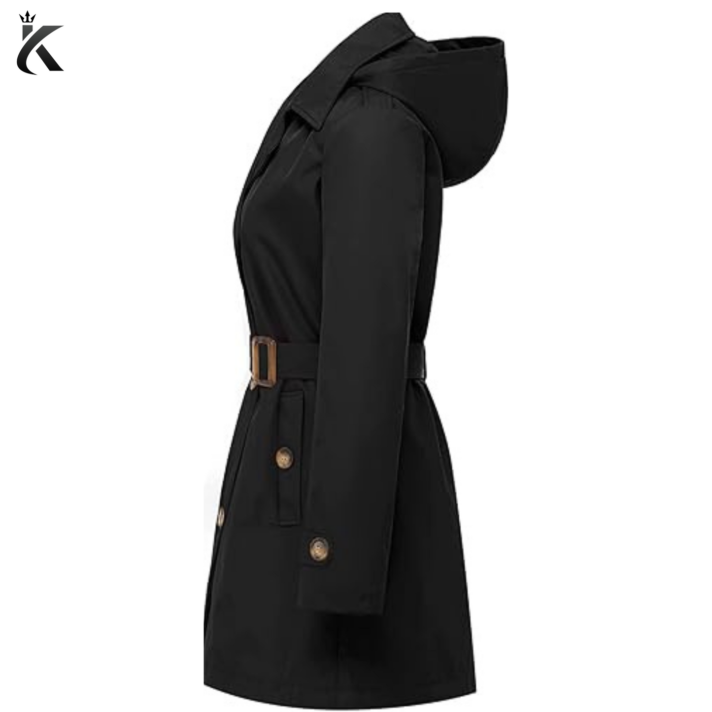 Women's Black Double Breasted Trench Coats Mid-Length Belted Overcoat Long Dress Jacket with Detachable Hood