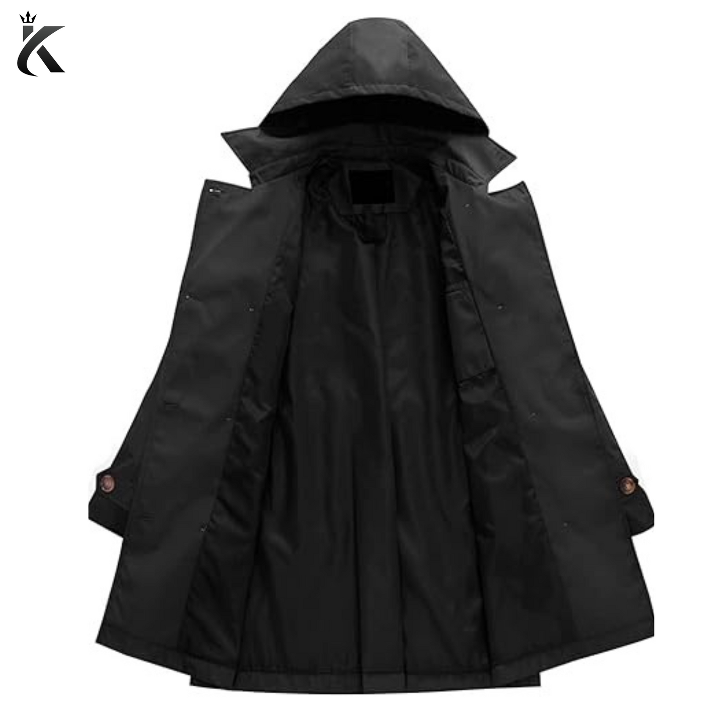 Women's Black Double Breasted Trench Coats Mid-Length Belted Overcoat Long Dress Jacket with Detachable Hood