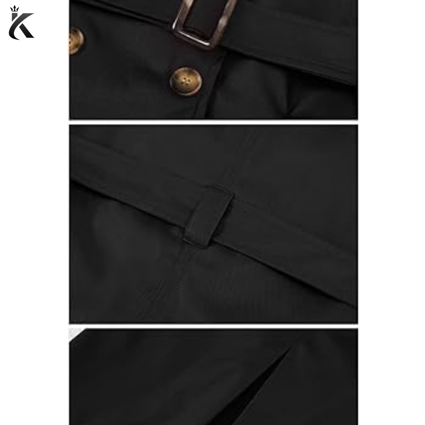 Women's Black Double Breasted Trench Coats Mid-Length Belted Overcoat Long Dress Jacket with Detachable Hood