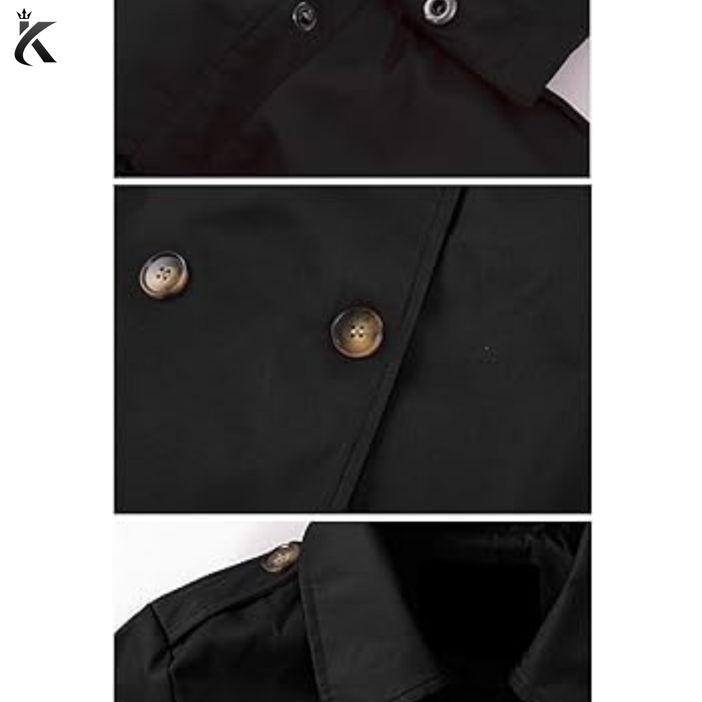 Women's Black Double Breasted Trench Coats Mid-Length Belted Overcoat Long Dress Jacket with Detachable Hood