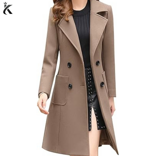 Women's Khaki Trench Coat - Premium Quality Long Overcoat - Elegant Notched Collar Double Breasted Wool Blend Over Coat