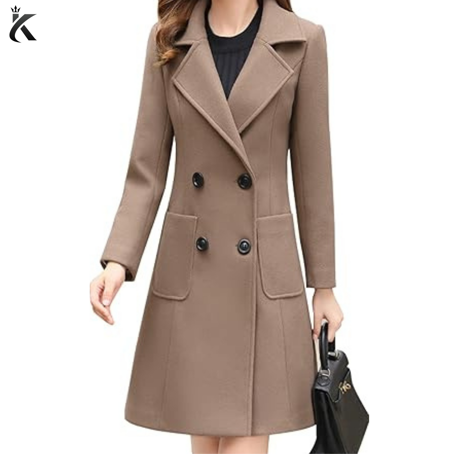 Women's Khaki Trench Coat - Premium Quality Long Overcoat - Elegant Notched Collar Double Breasted Wool Blend Over Coat