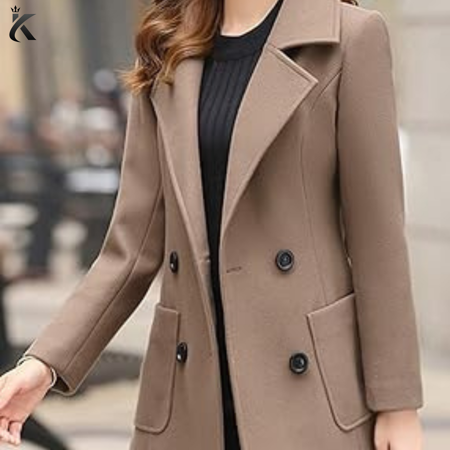 Women's Khaki Trench Coat - Premium Quality Long Overcoat - Elegant Notched Collar Double Breasted Wool Blend Over Coat