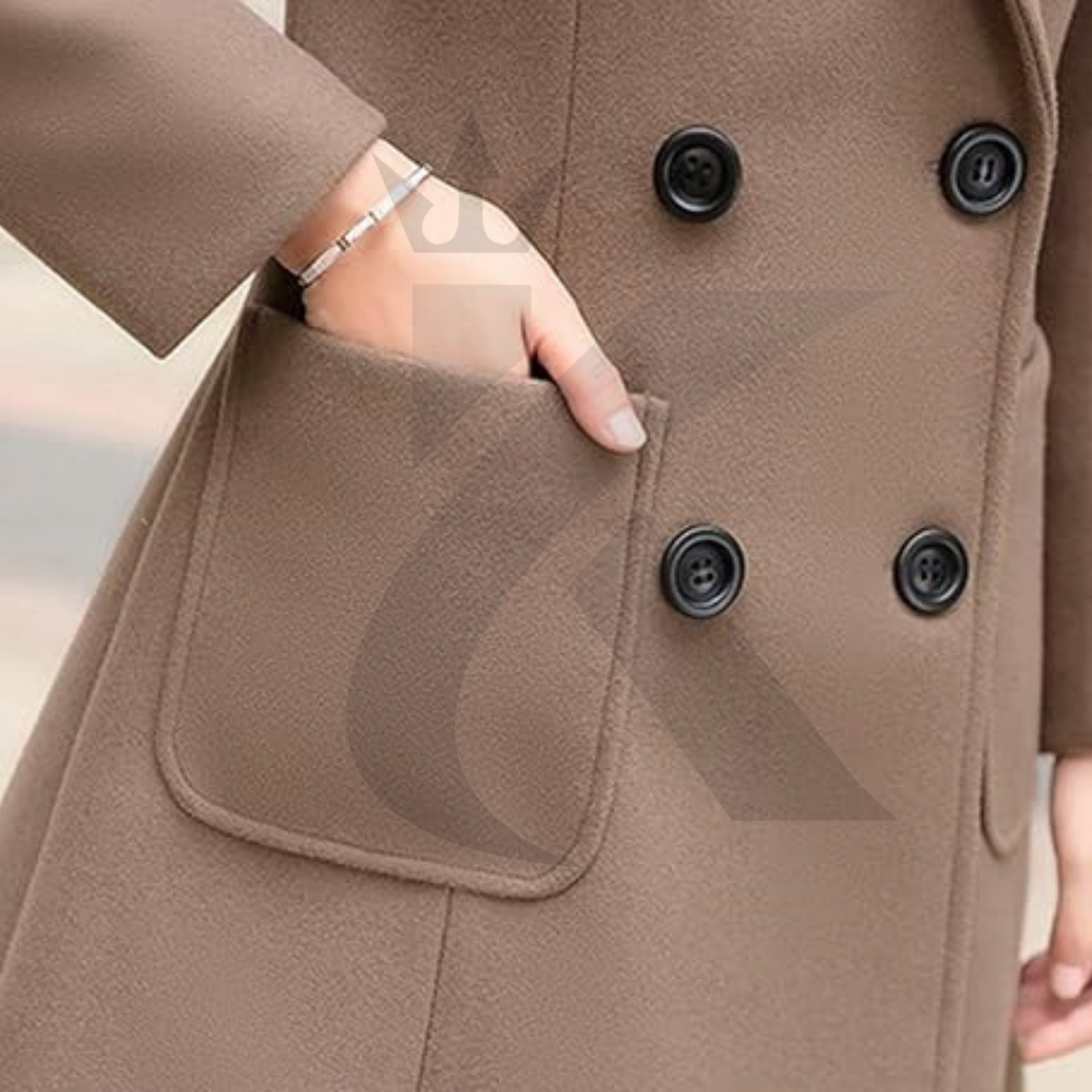 Women's Khaki Trench Coat - Premium Quality Long Overcoat - Elegant Notched Collar Double Breasted Wool Blend Over Coat