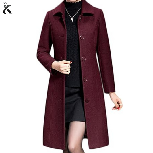 Premium Women's Wool Trench Coat - Winter Long Thick Overcoat - Walker Coats - Wine color Long Overcoat