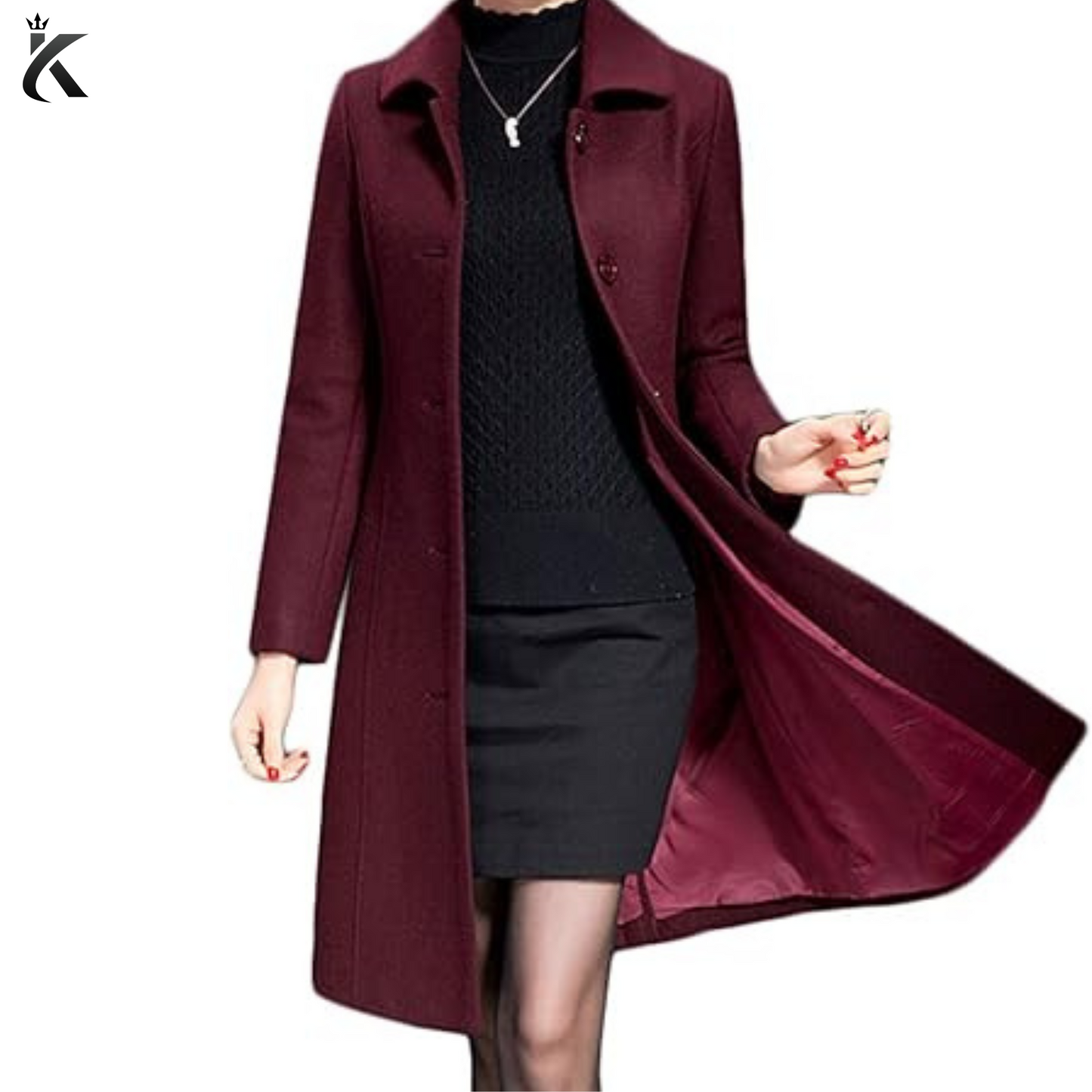 Premium Women's Wool Trench Coat - Winter Long Thick Overcoat - Walker Coats - Wine color Long Overcoat